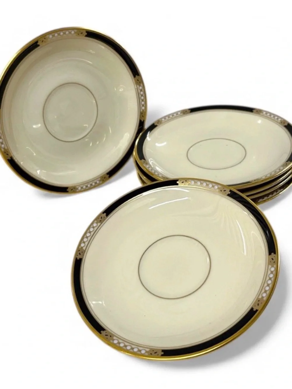 Lenox Hancock Presidential 6 Saucers 6-1/8” Ivory Bone China 24K Gold USA Vtg